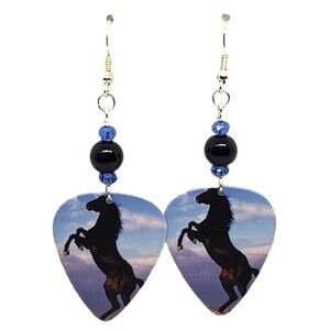 Rearing Horse Black Stallion Guitar Pick Beaded Earrings - Handmade in USA